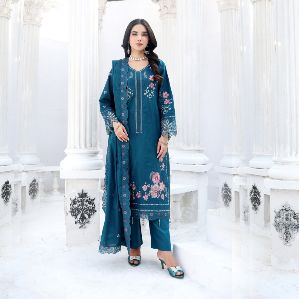 embroidoredsuit Teal Garden Unstitched Embroidered Lawn Suit