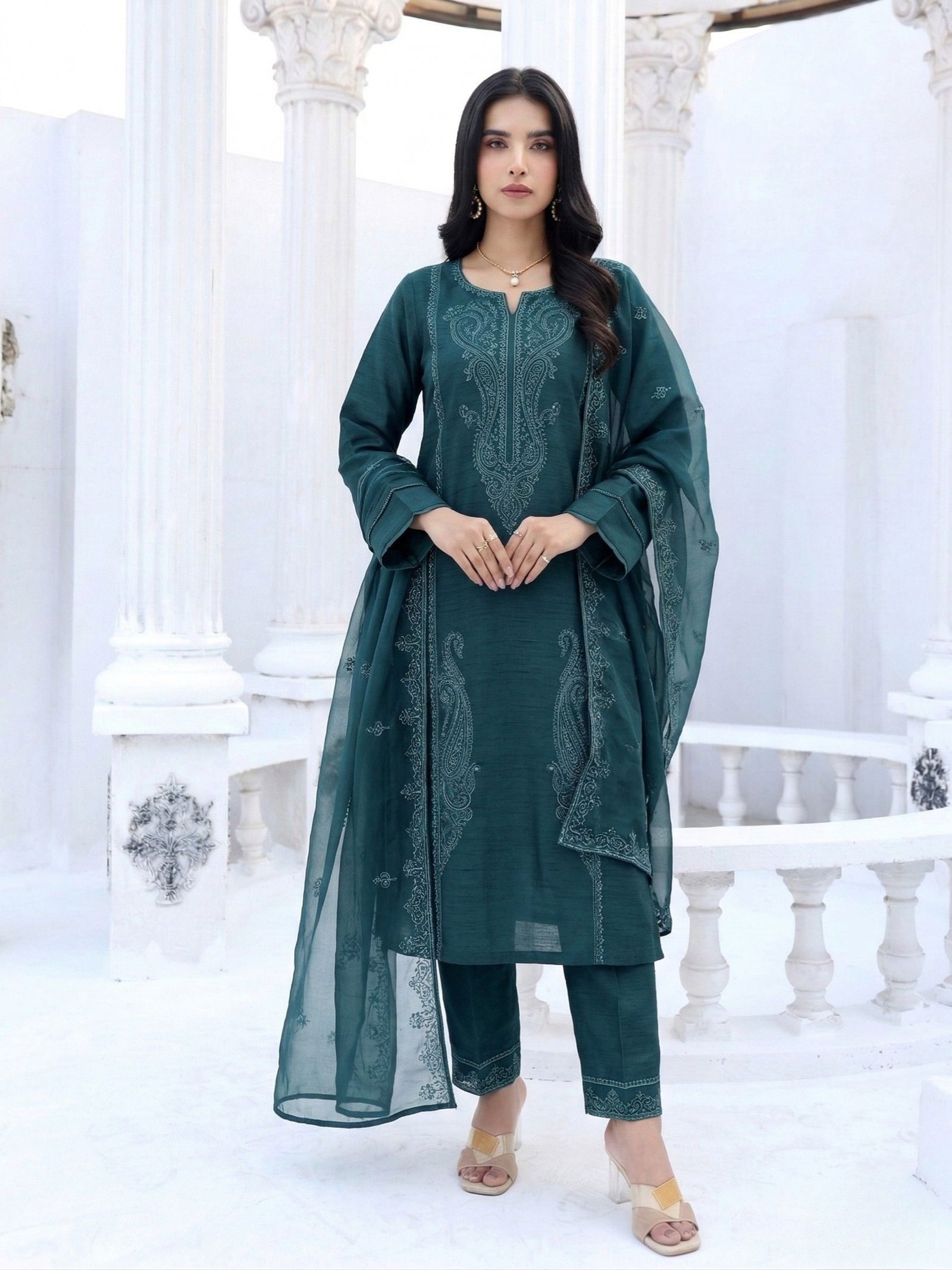 Sandstone Grace semi-formal embroidered suit — Ashiyanaa Semi-Formal Collection