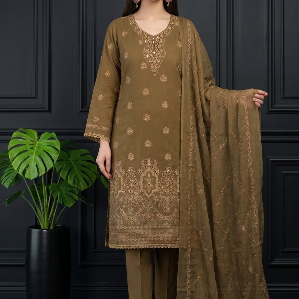 1 (1) Olive Dusk Unstitched Embroidered Lawn Suit