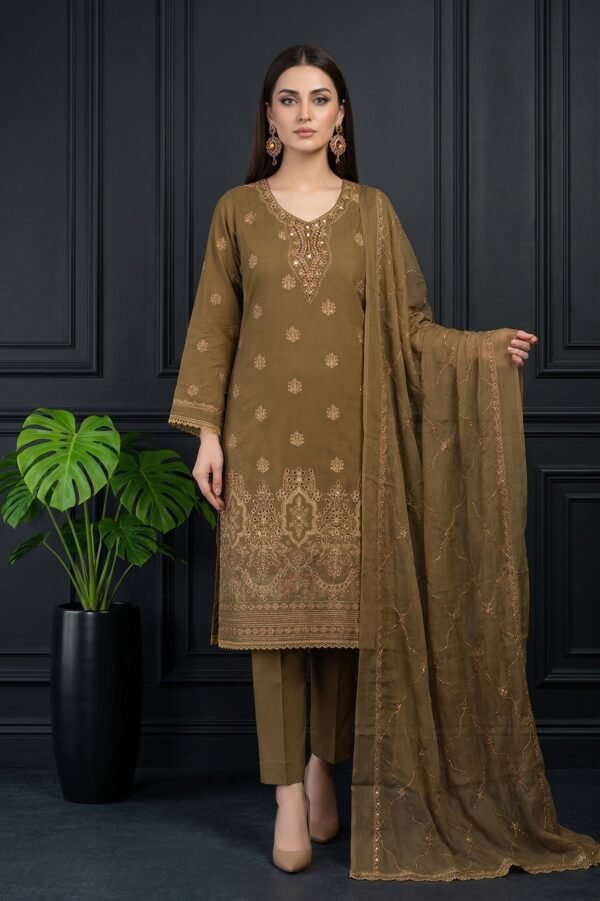 Olive Dusk Unstitched Embroidered Lawn Suit