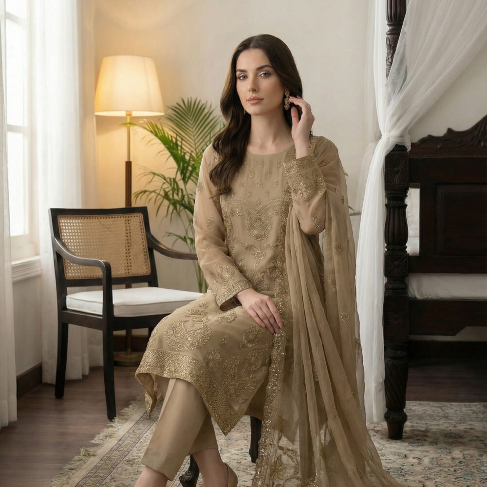 Gilded Beige Embroidered Chiffon Unstitched Suit