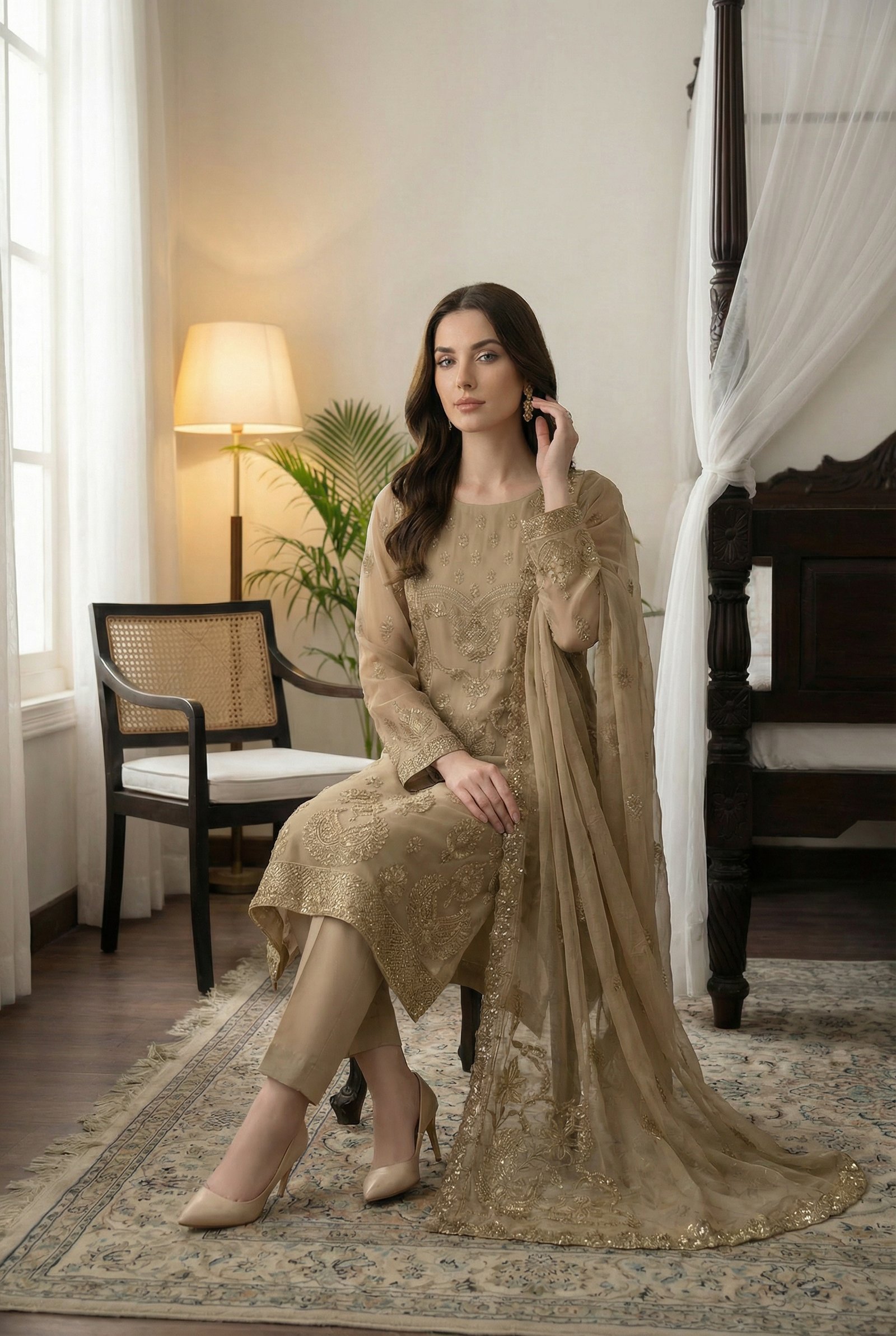 Gilded Beige Embroidered Chiffon Unstitched Suit