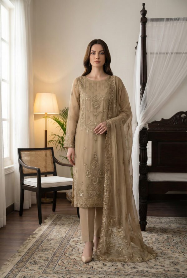 Gilded Beige Embroidered Chiffon Unstitched Suit