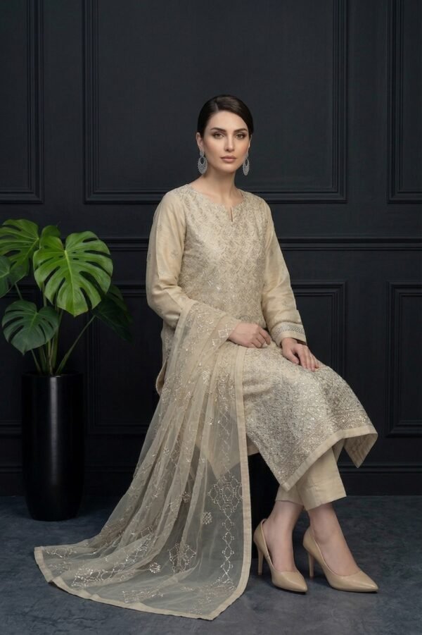 Ivory Lattice Unstitched Embroidered Silk Suit