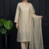 Ivory Lattice Unstitched Embroidered Silk Suit