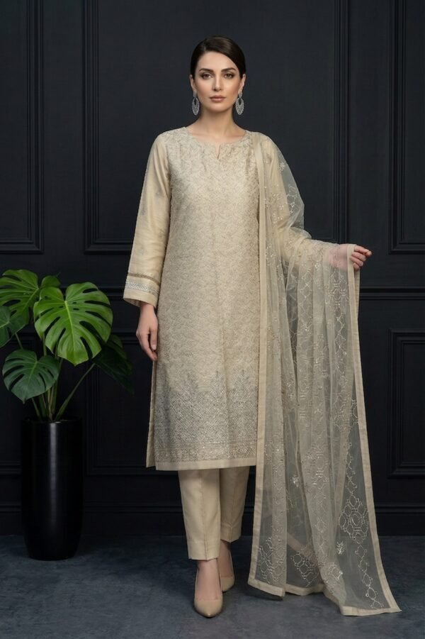 Ivory Lattice Unstitched Embroidered Silk Suit