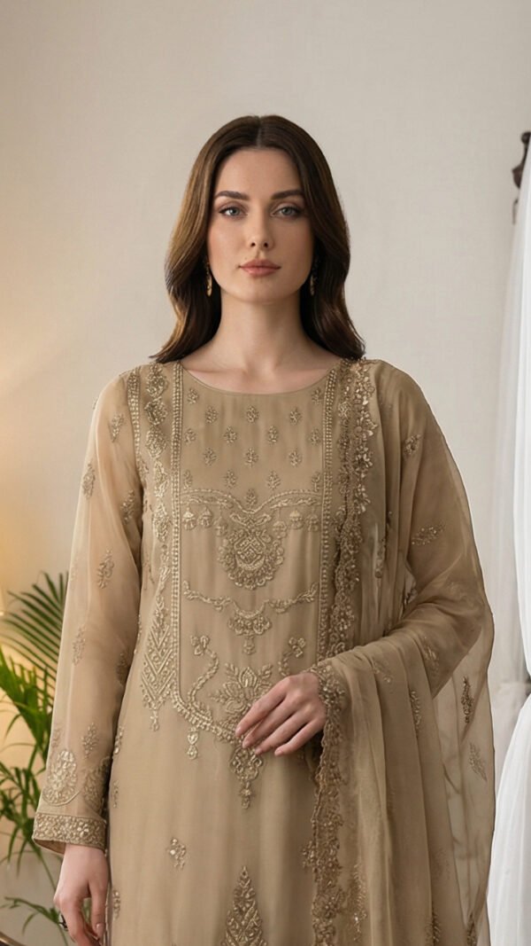 Gilded Beige Embroidered Chiffon Unstitched Suit
