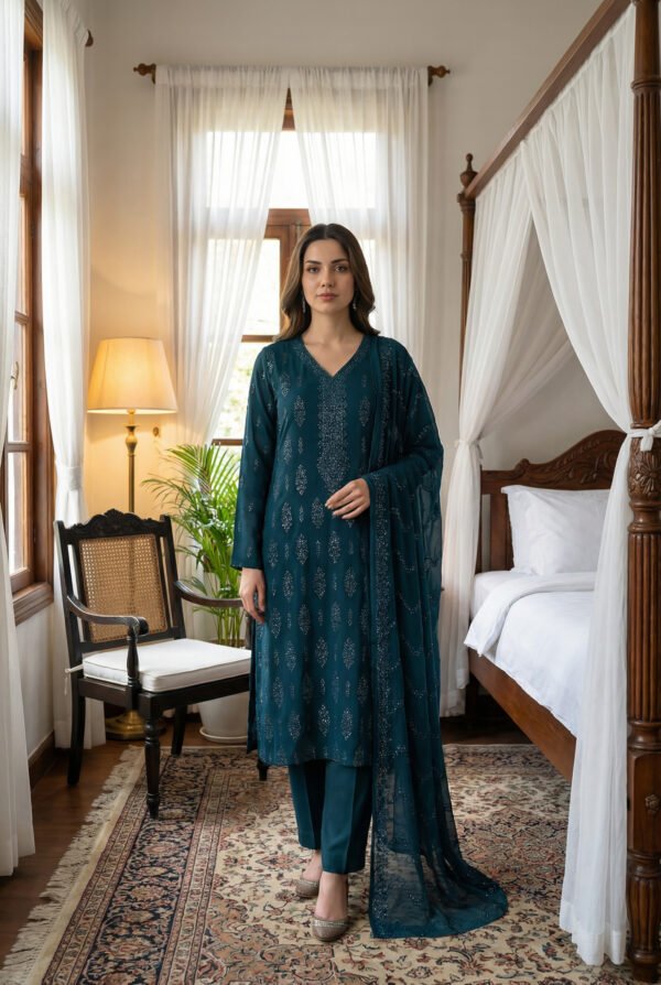 Teal Reverie Embroidered Chiffon Unstitched Suit