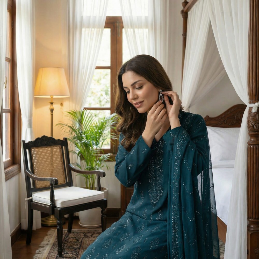 Teal Reverie Embroidered Chiffon Unstitched Suit