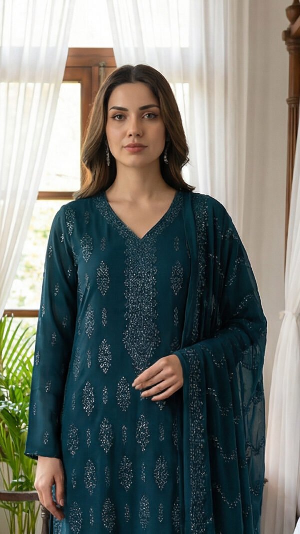 Teal Reverie Embroidered Chiffon Unstitched Suit