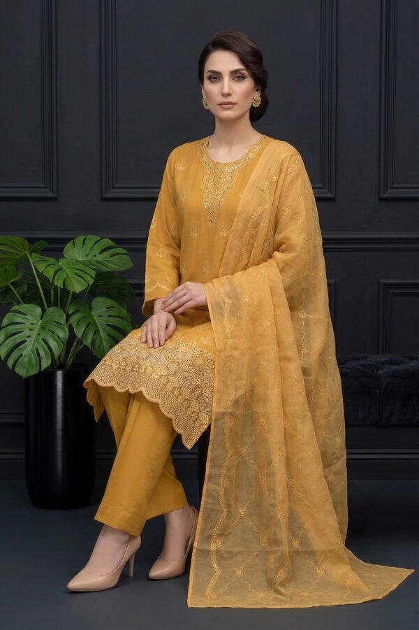 3 (1) Saffron Bloom Unstitched Embroidered Lawn Suit