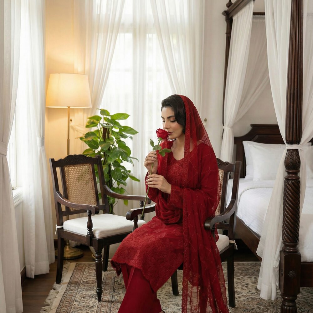 Crimson Red Embroidered Chiffon Unstitched Suit