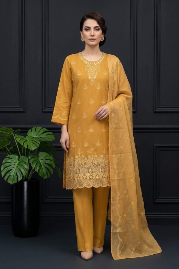 3 (2) Saffron Bloom Unstitched Embroidered Lawn Suit