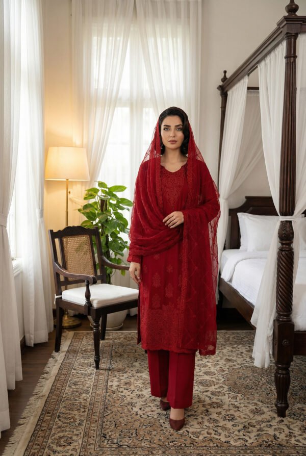 Crimson Red Embroidered Chiffon Unstitched Suit