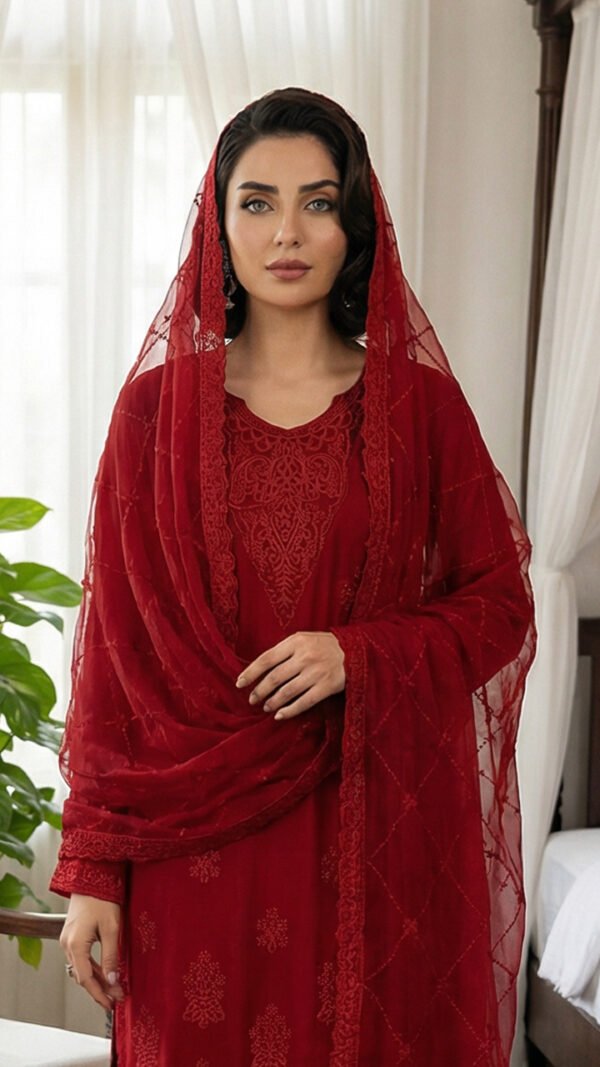 Crimson Red Embroidered Chiffon Unstitched Suit