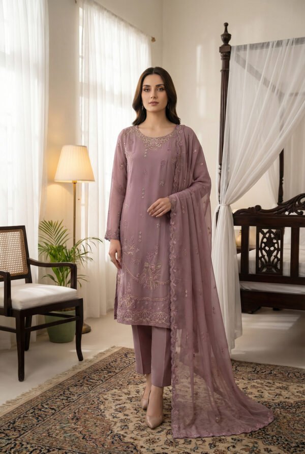 Dusty Mauve Embroidered Chiffon Unstitched Suit