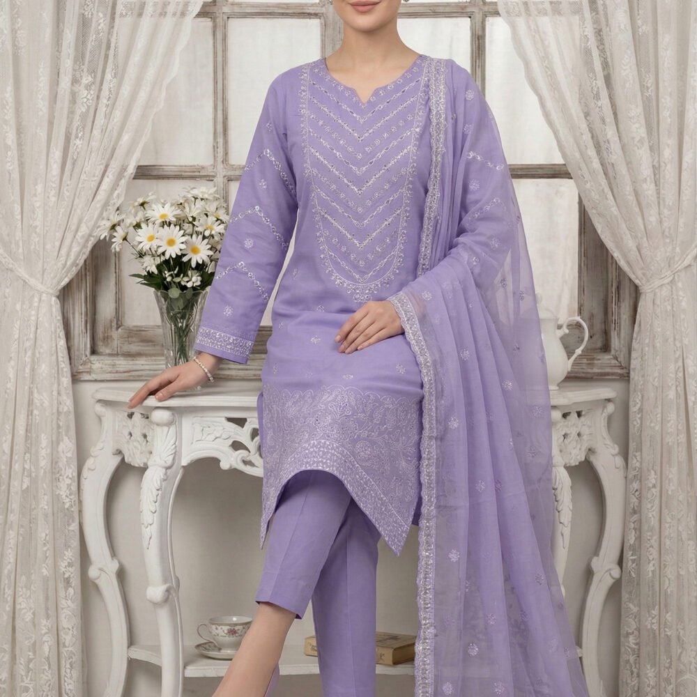 Violet Chevron Unstitched Embroidered Lawn Suit