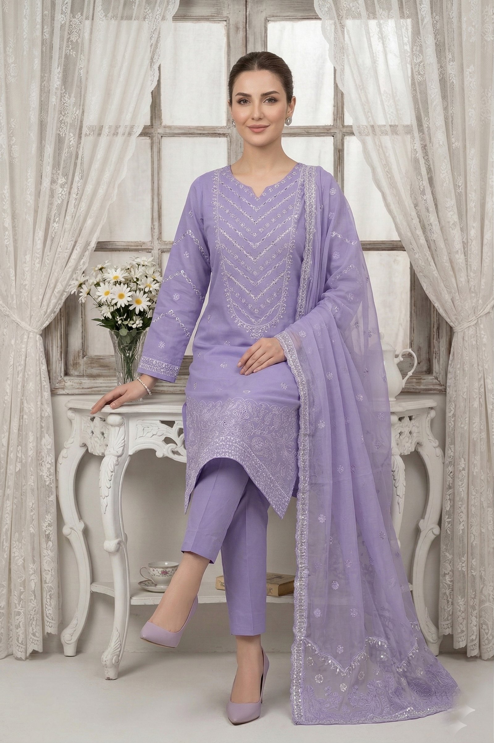 Violet Chevron Unstitched Embroidered Lawn Suit