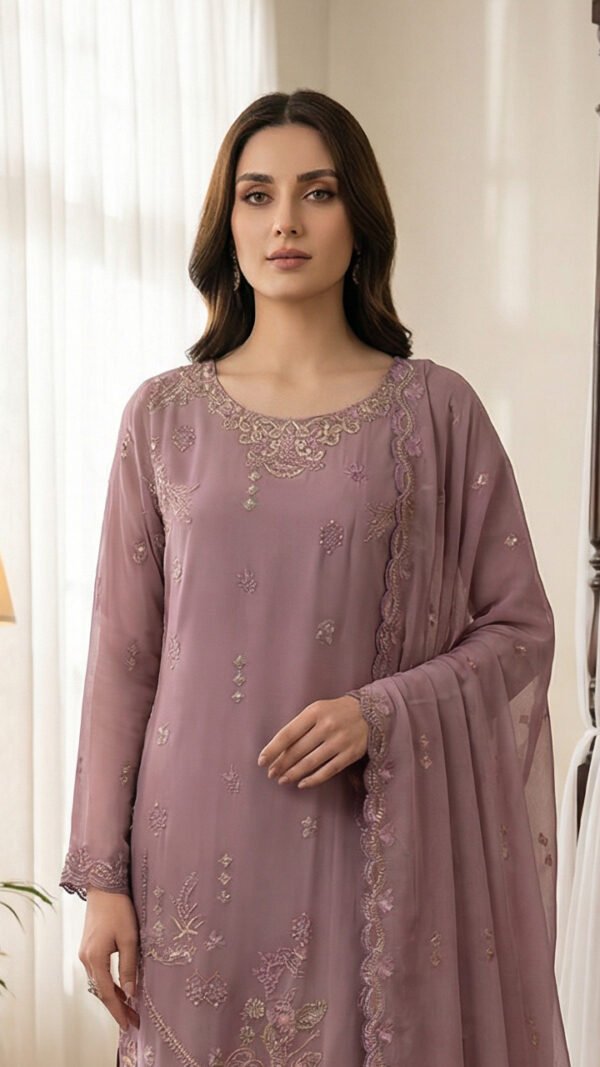 Dusty Mauve Embroidered Chiffon Unstitched Suit