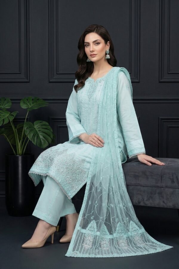 Aqua Mist Unstitched Embroidered Silk Suit