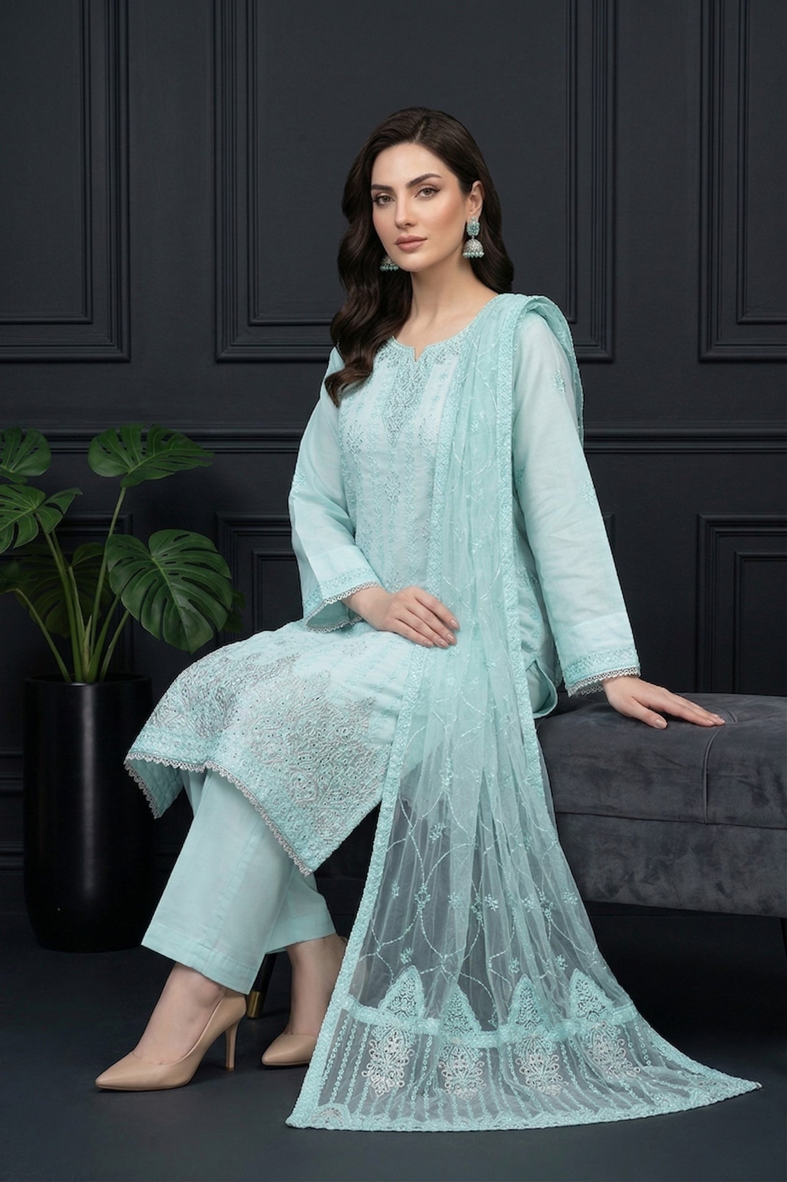 Aqua Mist Unstitched Embroidered Silk Suit