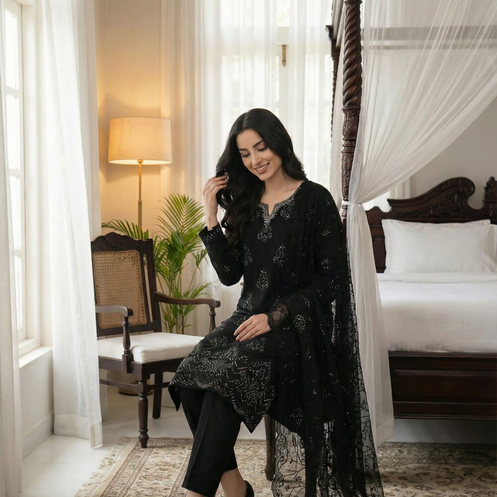 Midnight Black Embroidered Chiffon Unstitched Suit