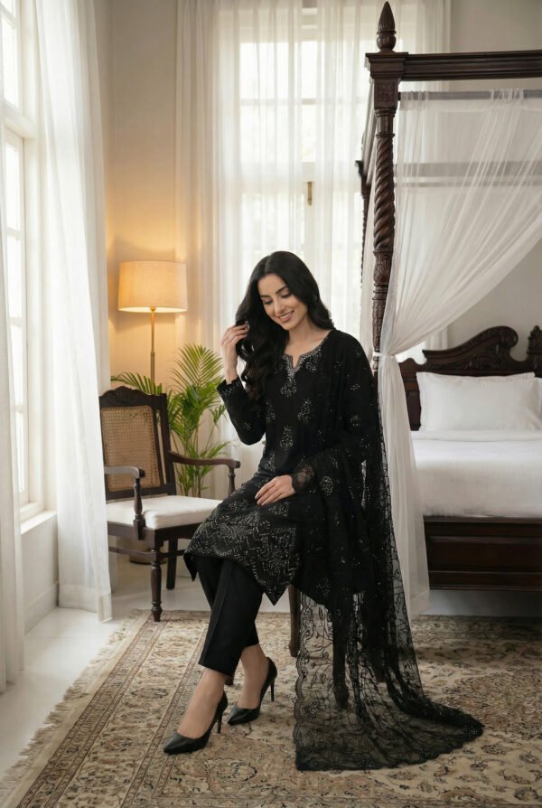Midnight Black Embroidered Chiffon Unstitched Suit