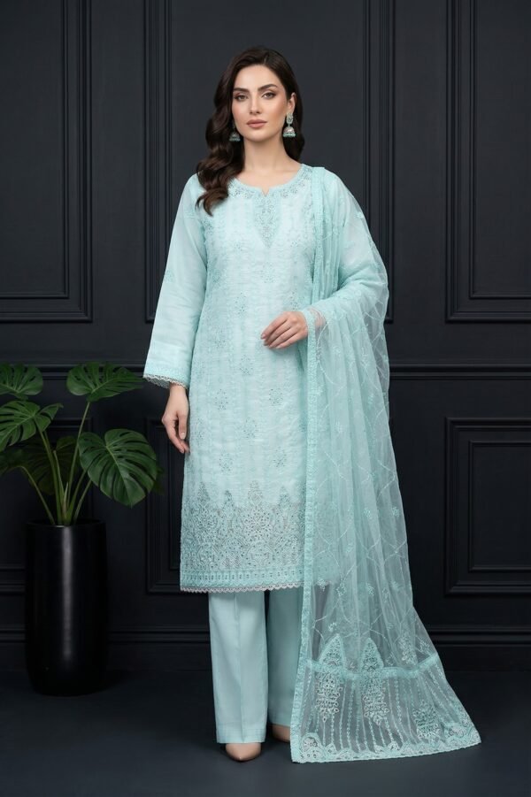 Aqua Mist Unstitched Embroidered Silk Suit