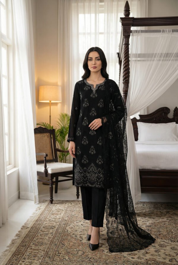 Midnight Black Embroidered Chiffon Unstitched Suit