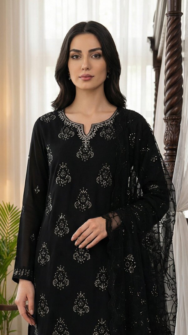 Midnight Black Embroidered Chiffon Unstitched Suit