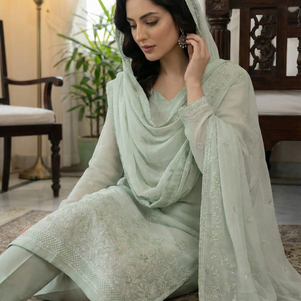 Mint Green Embroidered Chiffon Unstitched Suit