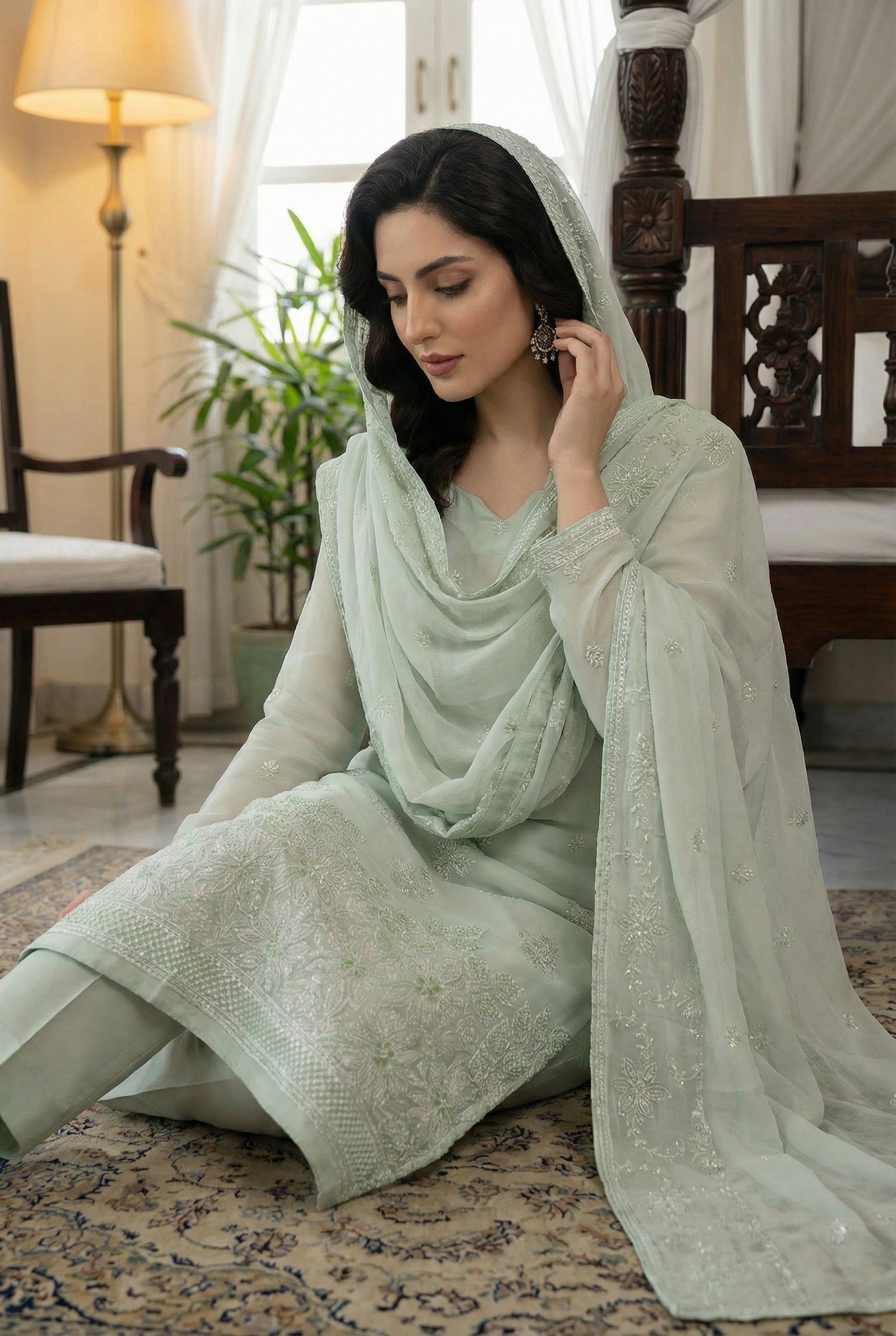 Mint Green Embroidered Chiffon Unstitched Suit