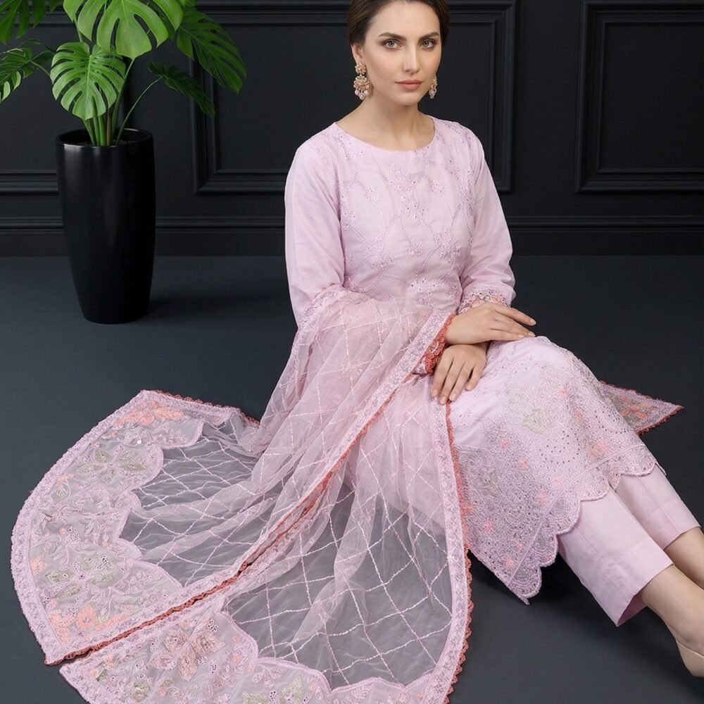 Blush Lattice Unstitched Embroidered Silk Suit