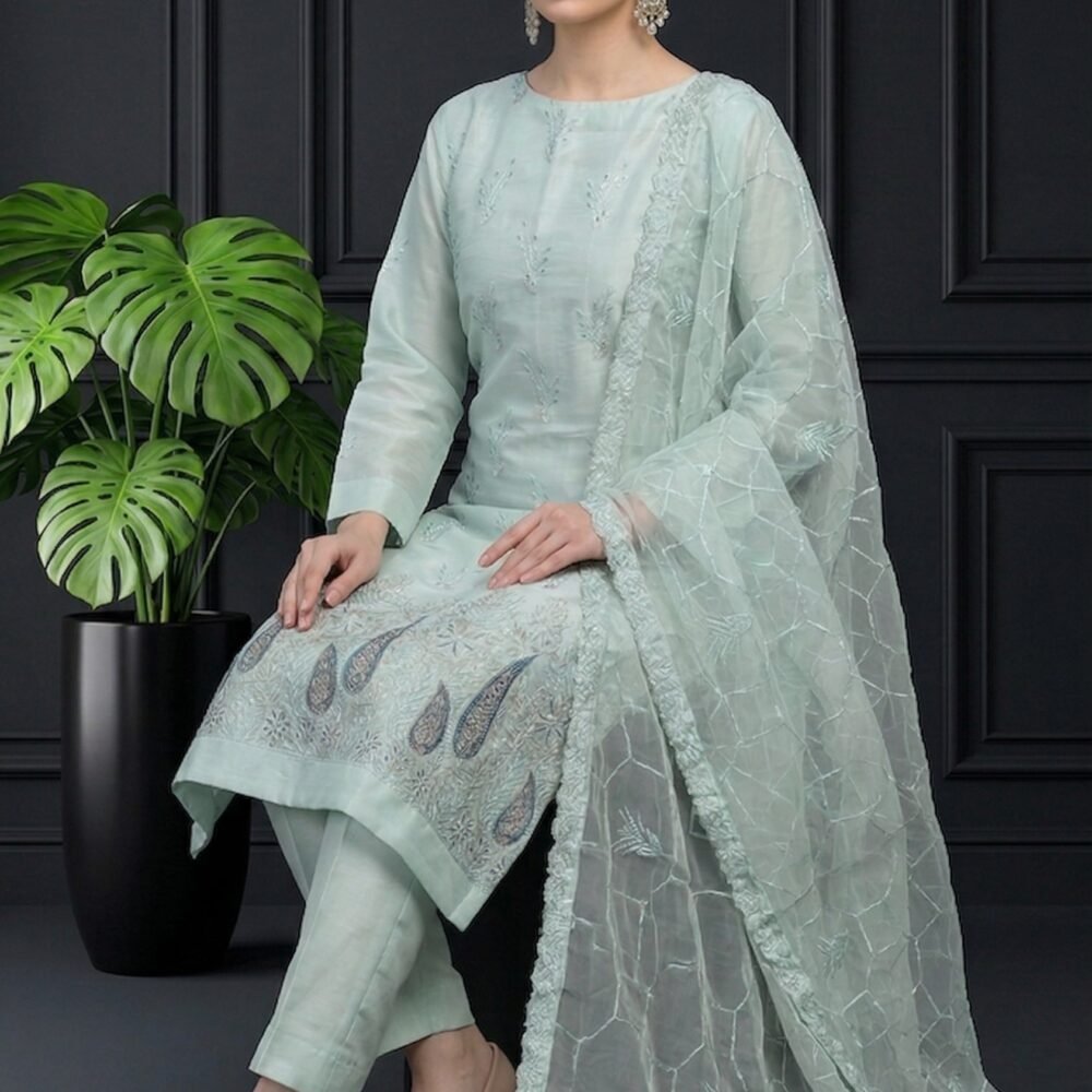 Seafoam Paisley Unstitched Embroidered Silk Suit