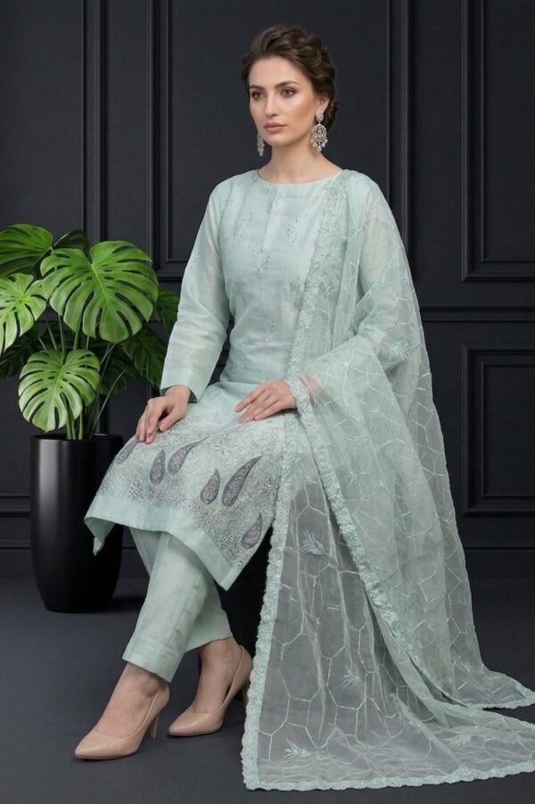 Seafoam Paisley Unstitched Embroidered Silk Suit