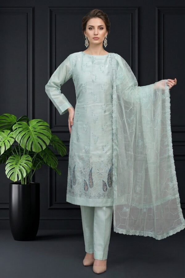 Seafoam Paisley Unstitched Embroidered Silk Suit