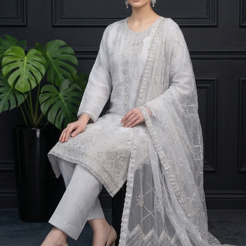 9 (1) Silver Mist Unstitched Embroidered Silk Suit