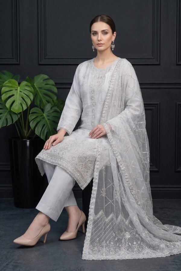Silver Mist Unstitched Embroidered Silk Suit