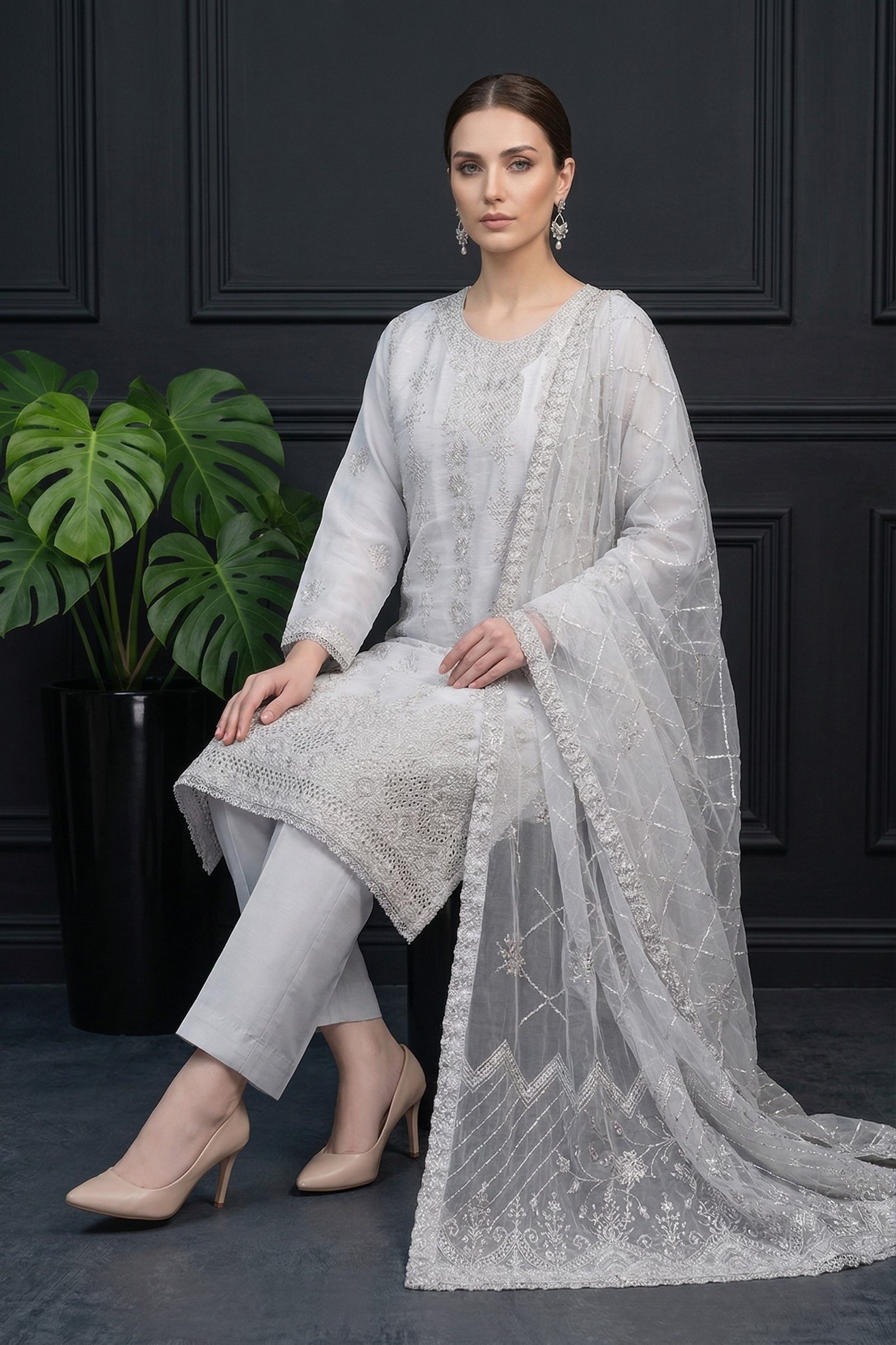 Silver Mist Unstitched Embroidered Silk Suit
