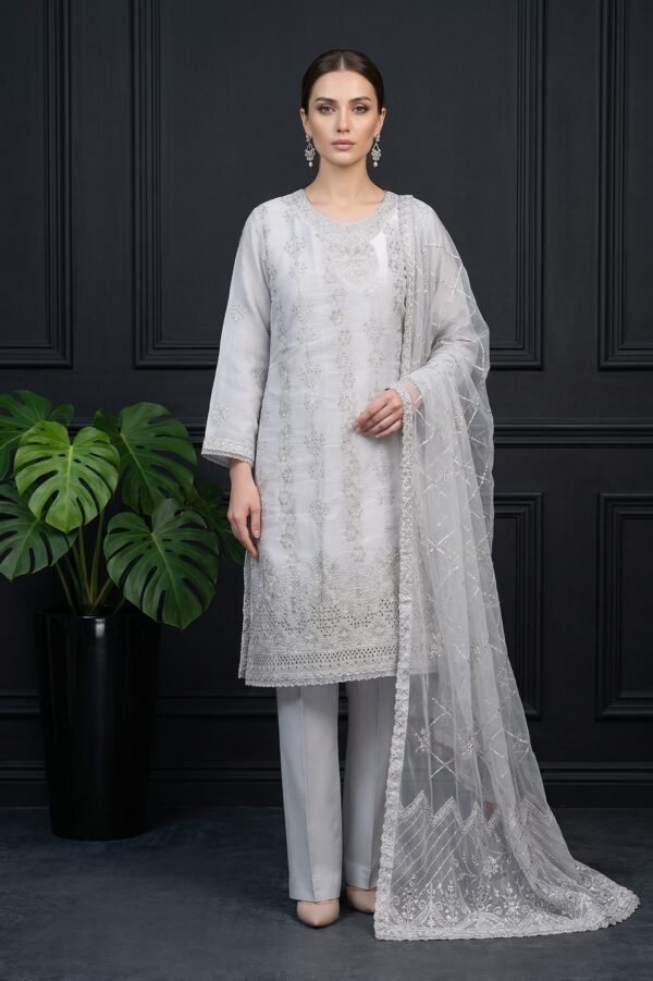 Silver Mist Unstitched Embroidered Silk Suit