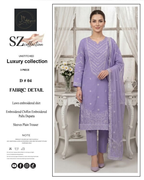 Peach Blossom Unstitched Embroidered Lawn Suit Violet Chevron Unstitched Embroidered Lawn Suit