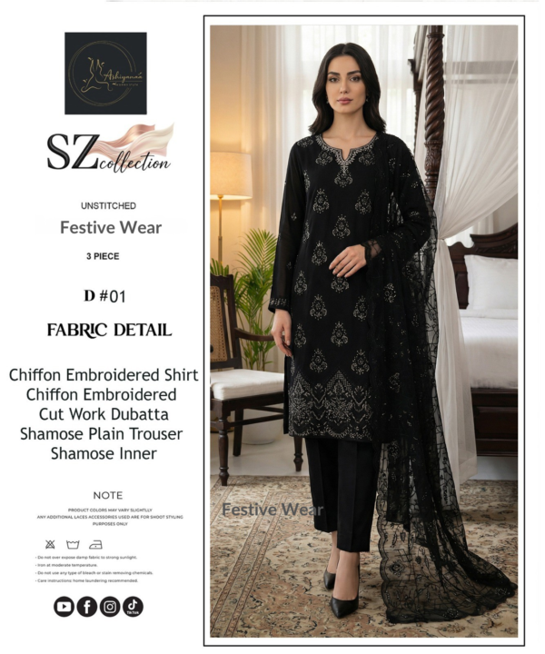 Midnight Black Embroidered Chiffon Unstitched Suit