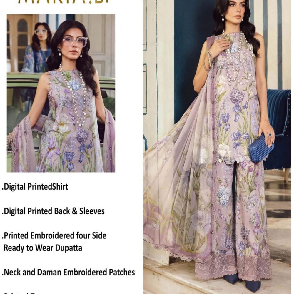 Lavender Iris Unstitched Digital Printed Lawn Suit, Maria B Replica