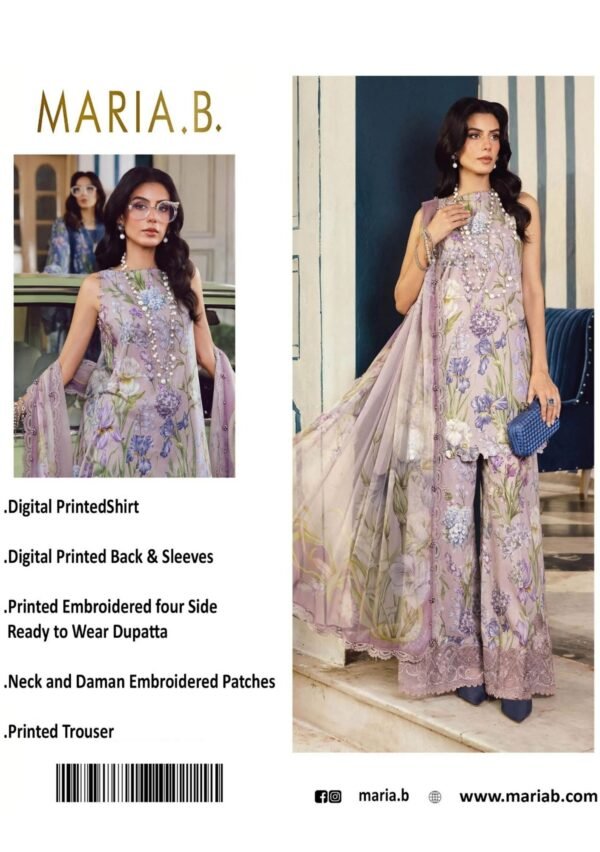 Lavender Iris Unstitched Digital Printed Lawn Suit, Maria B Replica