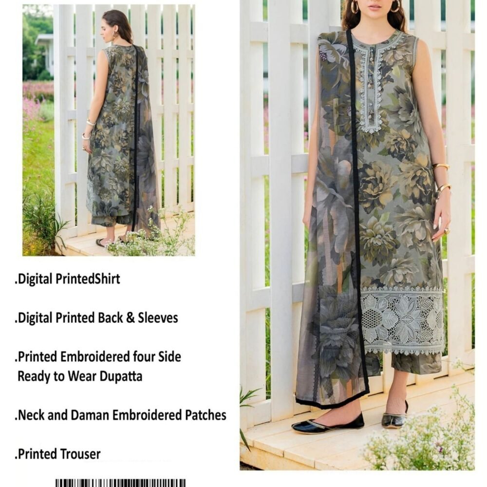 Moody Floral Unstitched Digital Printed Lawn Suit, Baroque Replica