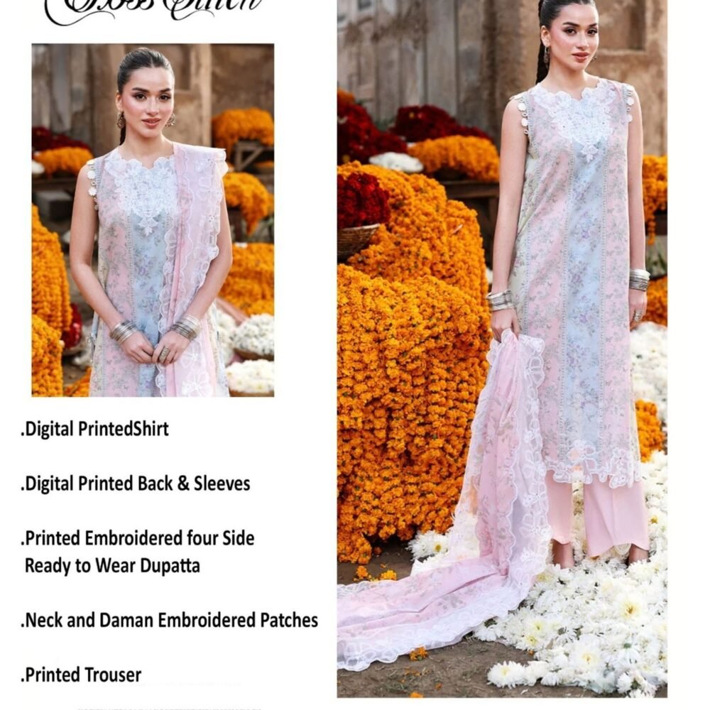 Pastel Garden Unstitched Digital Printed Lawn Suit, Cross Stitch Replica