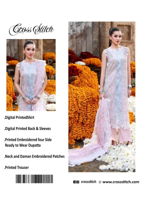 Pastel Garden Unstitched Digital Printed Lawn Suit, Cross Stitch Replica