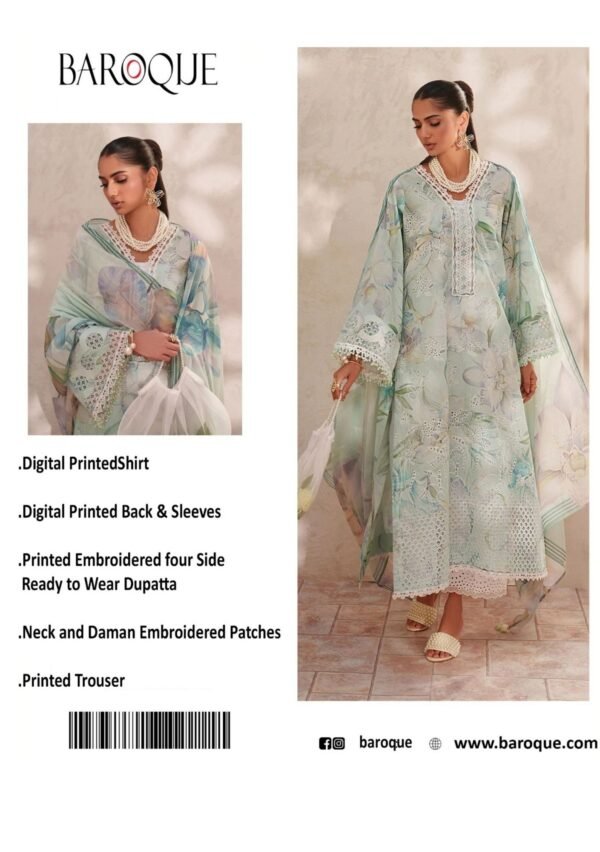 Aqua Lily Unstitched Digital Printed Lawn Suit, Baroque Replica