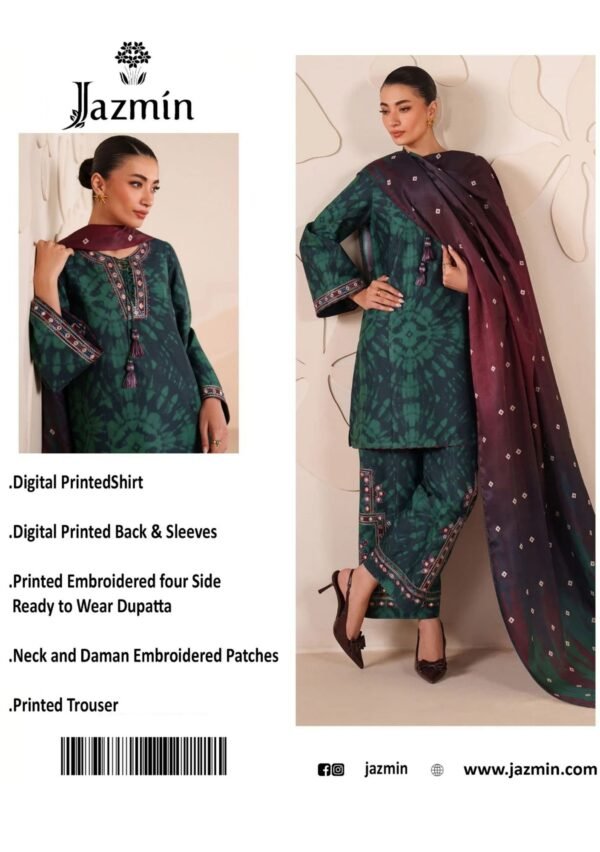Emerald Shibori Unstitched Digital Printed Lawn Suit, Jazmin Replica