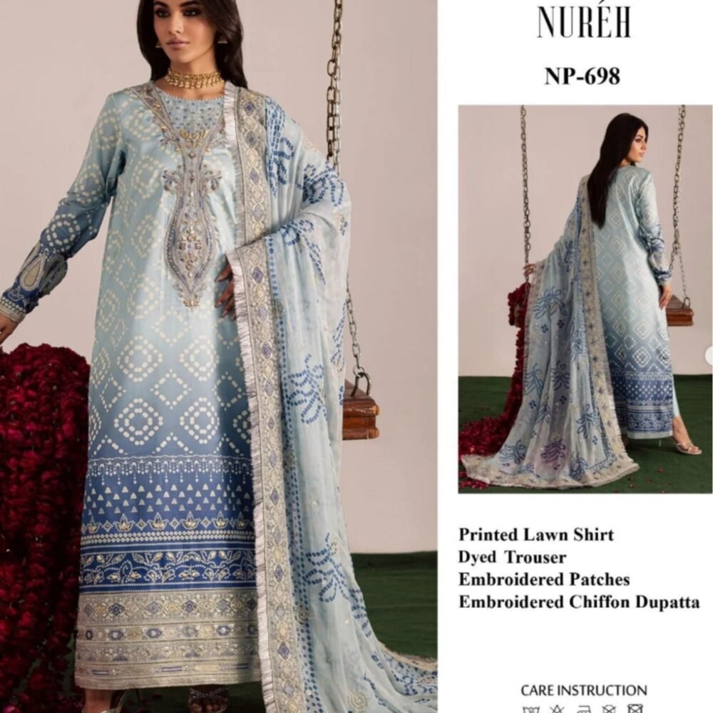 Powder Blue Bandhani Unstitched Printed Lawn Suit, Nureh Replica